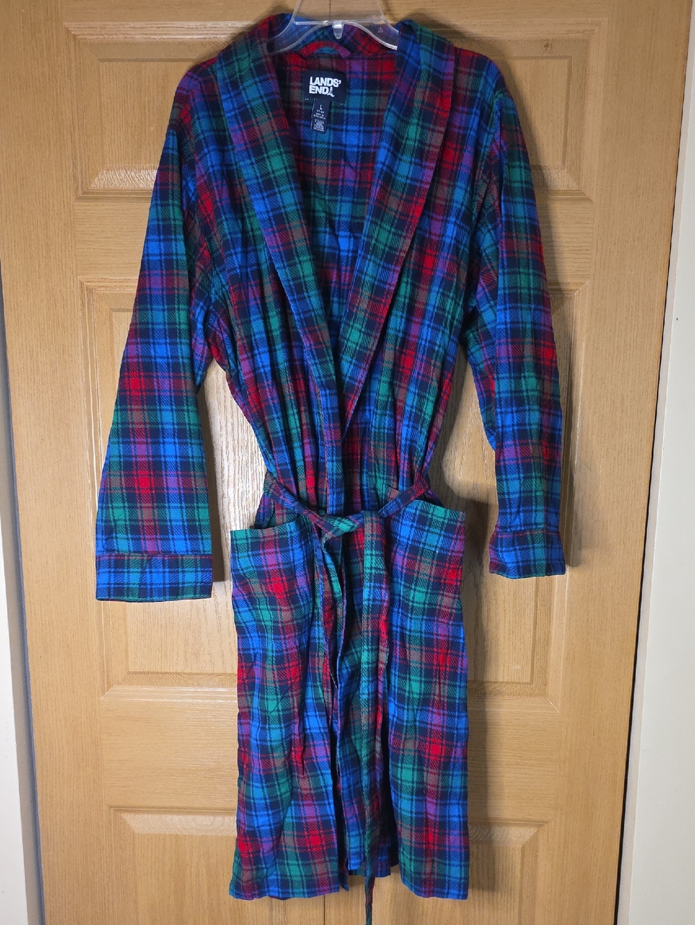 Lands' End Men's Tartan Plaid Flannel Robe‎ Blue Red Green Size Large 42-44